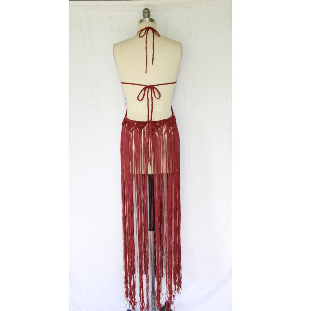 Vintage 60s hippie MACRAME crochet halter tunic dress fringe beaded Free People - Picture 11 of 11